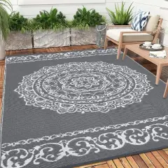 Waterproof Outdoor Rug - Reversible Plastic Straw w/ Leaf Pattern - For Patio, Deck, RV, Camping