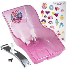 SCS Direct Doll Bike Seat (Pink Glitter) with Decorate Yourself Decals - Fits Virtually All Kids Bikes Easily - for American Girl and 18" Dolls and Stuffed Animals