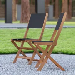 Emma and Oliver Set of Two Weather Resistant All Natural Acacia Wood Folding Bistro Chairs with Textilene Mesh Seats and Backs