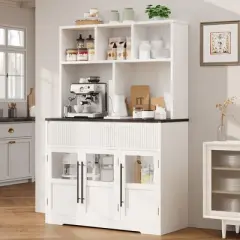 60'' Tall Kitchen Cabinet Pantry Cabinet with Glass Doors, Kitchen Cabinet with Drawers Coffee Bar Table