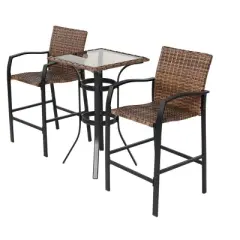 ELJGET 3 Piece Outdoor Bar Stools Set, Outdoor Wicker Patio Bar Height Stools Set with Glass Table Top for Garden, Deck, Balcony, Brown