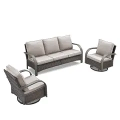 POCASSY 3 Pieces Patio Sofa Set, Patio Furniture Set with Patio Couch and Swivel Patio Chair, Metal Armrest All Weather Wicker Patio Set for Porch