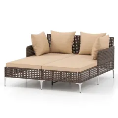 Costway Outdoor Patio Daybed PE Rattan Sunbed with Sponged-Filled Pillows and Cushions Brown/Navy