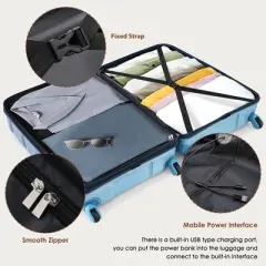 Gulches Luggage Set of 3, 20-inch with USB Port, Airline Certified Carry-on Luggage  , ABS+PC Hard Shell Luggage with Spinner Wheels, Gradient Blue