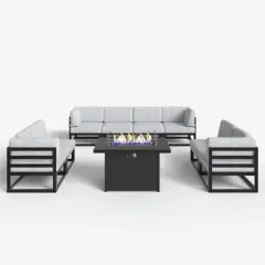 LayinSun 9-Piece Large Outdoor Modular L-Shaped Sectional Set with Propane Fire Pit Table