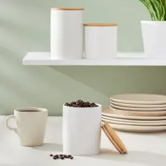 Farmlyn Creek Set of 3 White Ceramic Kitchen Canisters with Wooden Bamboo Lids (3 Sizes)