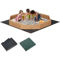 Large Octagonal Wooden Sandbox &ndash; Kids Outdoor Sandpit with Cover, 4 Benches & Drainage Liner for Backyard, Ages 4+