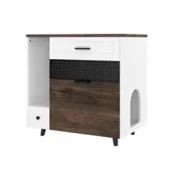 JUJABU Indoor Hidden Cat Litter Box Furniture with 2 Drawers & Door, Cat House End Table for Living Room - White & Brown