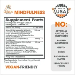 Genius Mindfulness &ndash; Calming Nootropic with Ashwagandha, Blueberry & NeuroFactor &ndash; Supports Memory, Focus & Energy &ndash; 30 Capsules