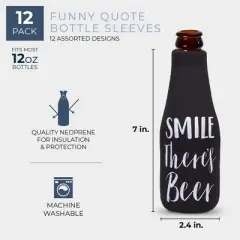 Blue Panda 12-Pack Funny Quotes Bottle Cooler Sleeves, 12 oz Insulated Beer Bottle with Zipper, 7 x 2.4 inches Neoprene Holder
