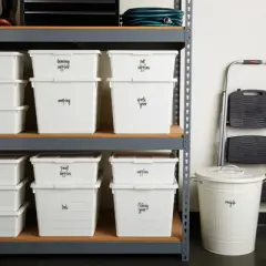 Talented Kitchen 136 Garage Storage Labels for Plastic Containers, Preprinted Black Script on Clear Stickers for Organizing Bins