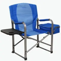 Kamp-Rite Director Portable Lounge Chair Outdoor Furniture Folding Sports Chair with Side Table, Cup Holder, and 12 Can Ice Cooler, Blue (2 Pack)