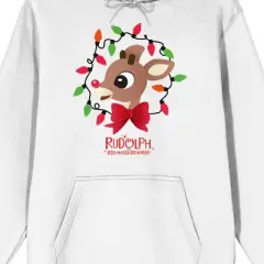 Rudolph the Red-Nosed Reindeer with Christmas Lights and Movie Title Logo Men's White Graphic Hoodie