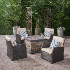 Christopher Knight Home Malvern Outdoor Wicker 5 Piece Club Chair and Fire Pit Set with Cushions