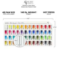 HG Art Concepts Painters Color Diary Watercolor Swatch Card, 48-Pan Size, 5-Pk, 140 lb Hot Press 100% Cotton Paper, Fits New York Central Palette Box,