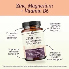 High Absorption Zinc and Magnesium Supplement with Vitamin B6, Women&rsquo;s Hormone Balance, Menstrual Cycle & Immune Support Capsule, Nobi Nutrition, 60ct