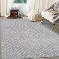 Modern Striped 10x13 Light Grey Washable Rug, Stain-Resistant Non-Slip Low Pile Carpet for Living Room, Nursery, or Apartment Decor