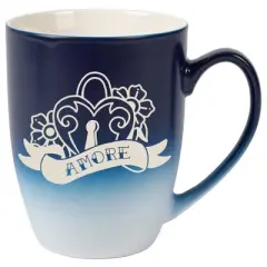 100 North Floral Heart 10 Ounce Navy Blue and White Two Toned Ombre, Comfortably Fits Your Hands, Ceramic Tea Coffee Cup Mug, Amore