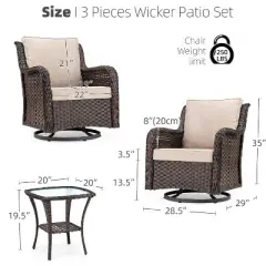 Outdoor Swivel Wicker Glider Patio Chairs with Table, 3 Pieces Outdoor Bistro Set with 4in Thick Cushions and Coffee Table for Porch, Balcony, Deck
