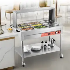 VEVOR 9-Pan Commercial Food Warmer,9x1/3 Pans Electric Steam Table,1500W Buffet Catering Food Warmer with Shield Undershelf Wheels, Silver