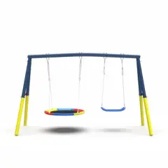 Whisen Outdoor Swing Set with Saucer Swing & Belt Swing & Swing Stand - Blue+Yellow