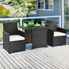 Tangkula 3PCS Patio Rattan Dining Set Space-Saving Furniture Set with Tempered Glass Top Table and Cushioned Chairs