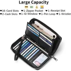 FATMOON Women PU Leather Wallet,RFID Blocking Zipper Around Phone Holder Clutch Wristlet,Large Capacity Travel Long Purse for Women