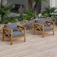 FIONECA Patio Conversation Set, 2 Acacia Wood Armchairs with Cushions & Foldable Side Table, Teak Finish, Dark Grey