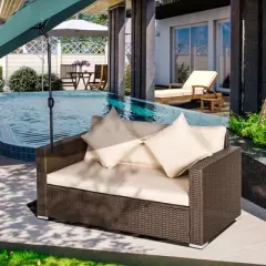 Outsunny Outdoor Wicker Loveseat, Patio Furniture Couch with Cushions, 2 Seats PE Rattan Sofa, 2 Throw Pillows for Porch, Backyard, Pool