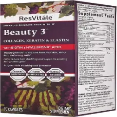 ResVit&aacute;le Beauty 3 - Skin Care Supplement with Collagen, Keratin & Elastin - 90 Capsules