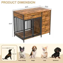 VECELO 43.3" Dog Crate With Dog Feeder, Wooden Decorative Dog Kennel Indoor With Drawers for Medium/Large Dogs, Brown