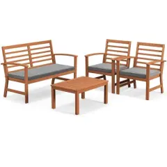 Costway 4 PCS Outdoor Furniture Set with Soft Seat Cushions Stable Acacia Wood Frame White/Navy/Gray