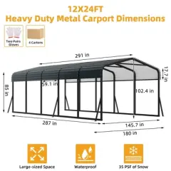 12x24 FT Metal Carport Kit - Galvanized Steel Roof, 100MPH Wind Rated, 35PSF Snow Load, Tall 8.5' Shelter for RV, Tractors