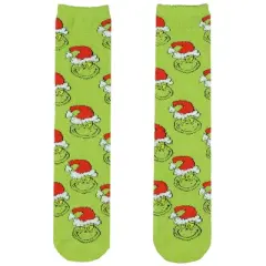 Dr. Seuss Adult The Grinch Santa Hat Fuzzy Cozy Anti-Slip Crew Socks 1 Pair (OSFM) Green