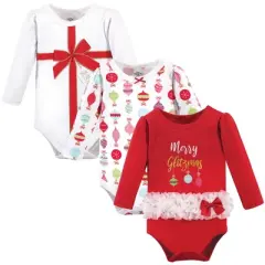 Little Treasure Baby Girl Cotton Long-Sleeve Bodysuits 3pk, Glitzmas