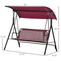 CAVINAS Swing Chair Outdoor, 3-Person Porch Swing Bench with Stand & Adjustable Canopy, Armrests, Steel Frame for Outdoor, Red