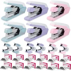 Deli Stapler, 6 Pack, 3 Colors, Effortless Staplers for Desk, 40-50 Sheet Capacity Heavy Duty, One Touch, with 1500 Staples & Staple Remover