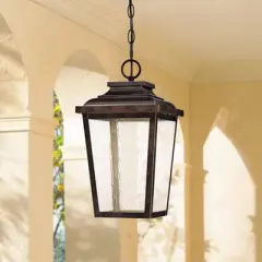 Minka Lavery Rustic Outdoor Hanging Light Fixture Chelsea Bronze LED Damp Rated 15 1/2" Seeded Glass for Post Exterior Barn Porch