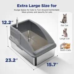 JOEJOY Cat Litter Box,Large Stainless Steel Cat Litter Box with Lid for Big Cats, High Side,Anti-Leakage,Non-Sticky, Easy Clean,Odorless