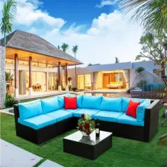 FIONECA 5-Piece PE Rattan U-Shaped Outdoor Sofa Set with Cushions and 2 Pillows, All-Weather Sectional Patio Furniture
