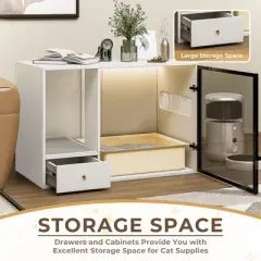 ATJafurn Cat Litter Box Enclosure Modern Furniture Style 37 Inch White, Hidden Kitty Cat Cabinet with Glass Door and LED Strip for Large Cats