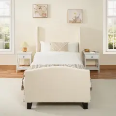 Twin/Queen/King Size Platform Bed Frame with Upholstered Headboard, Teddy Velvet, Ivory White - ModernLuxe