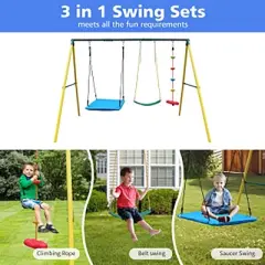 Swing Sets For Backyard, 3 In 1 Heavy Duty Metal Swing Sets With 2 Swings, Climbing Rope, Steel A-frame Metal Stand Sets For Kids Playground
