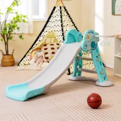 Costway 3-in-1 Kids Indoor Slide with Basketball Hoop & Basketball, Safe Buffer Zone Blue/Pink