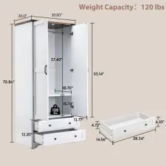 Brafabhome Farmhouse 4 Doors Armoire Wardrobe Closet, 71" Tall Freestanding Wardrobe Clothes Cabinet with Drawers and Hanging Rod for Bedroom