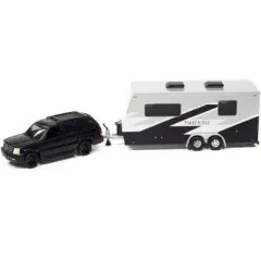 2005 Cadillac Escalade Matt Black w/Camper Trailer Ltd Ed 6012 pcs "Truck & Trailer" 1/64 Diecast Model Car by Johnny Lightning