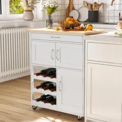HOMCOM Bar Cart Rolling Kitchen Island on Wheels with 9-Bottle Wine Rack, Small Kitchen Cart Kitchen Storage Cabinets, Wooden Countertop, White