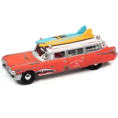 1959 Cadillac Ambulance Red w/White Top (Weathered) w/Surfboards on Roof "Surf Shark" 1/64 Diecast Model Car by Johnny Lightning