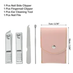 Unique Bargains Manicure Set with Pink PU Leather Case Personal Care Tool Kits Stainless Steel Silver Tone 4 Pcs