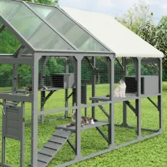 ORRD Large Outdoor Catio Cat Enclosure, Wooden Kitty House with 7 Platforms, 2 Boxes, Bridge & Ramp, Gray